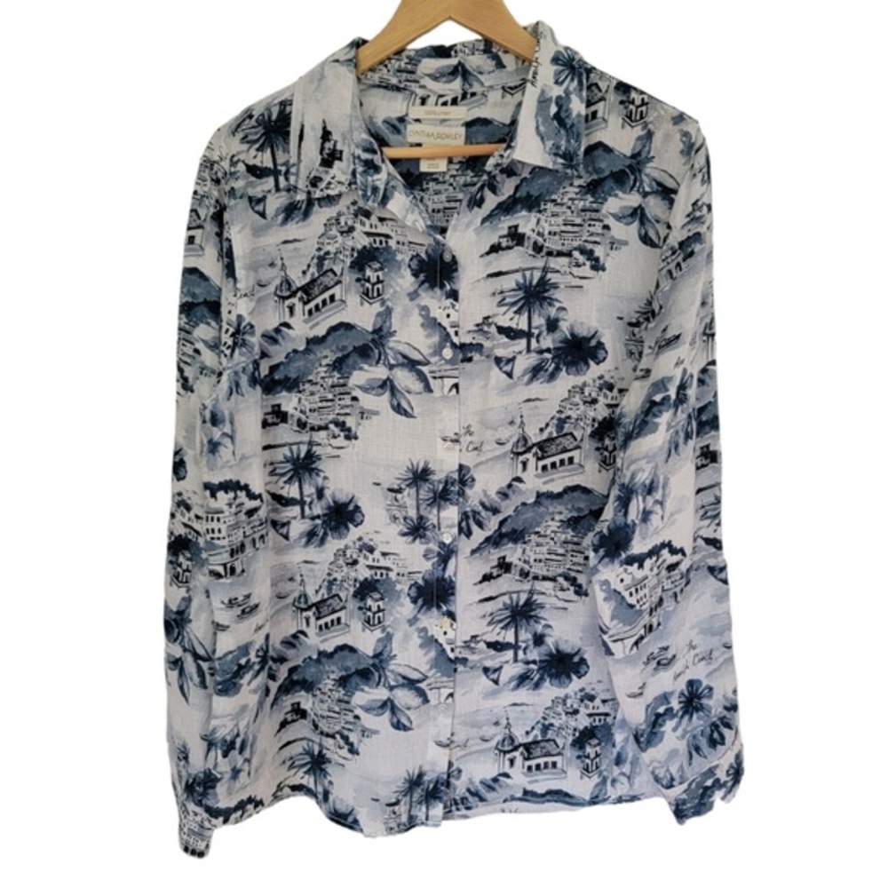 Cynthia Rowley Linen Button Front Blouse White Blue Amalfi Coast Beach Popover